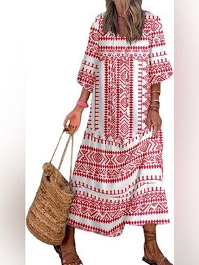 Elegant Red and White Geometric Long Sleeve Dress